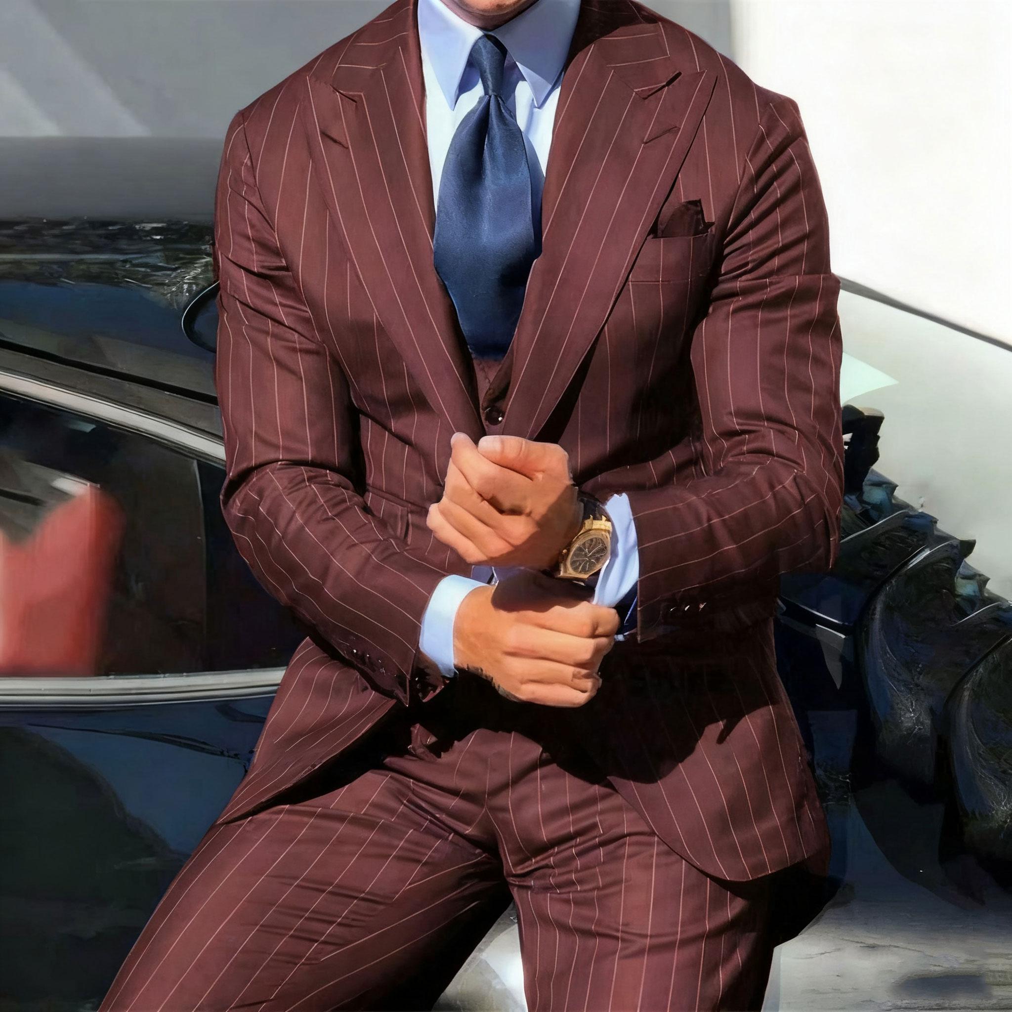 

Модні смугасті костюми з гострими лацканами для чоловіків, приталені, набір з трьох предметів (штани), для вечірки, випускного вечора, нареченого, весільний смокінг, homme pour mariage M бордовий