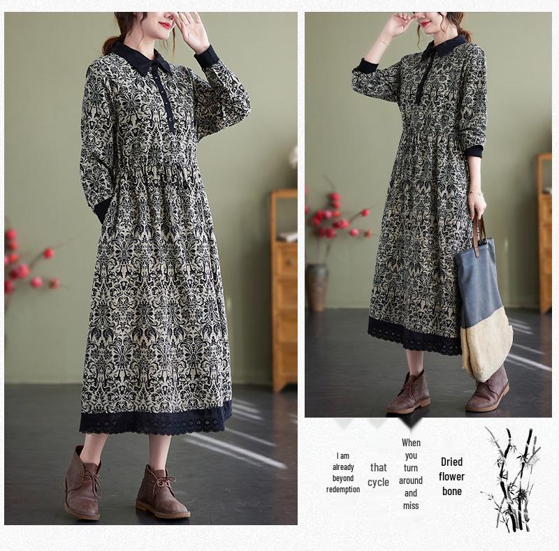 Autumn Literary Print Dress: Long-Sleeved, Cotton-Linen, Loose Fit, Extended Style with Shirt Collar