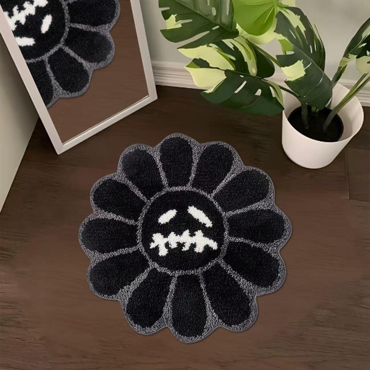 

Flower Smile Round Carpet Thickened Retro Rainbow Rug Bedroom Decoration Home Bathroom Absorbent Non-Slip Mat 60cm