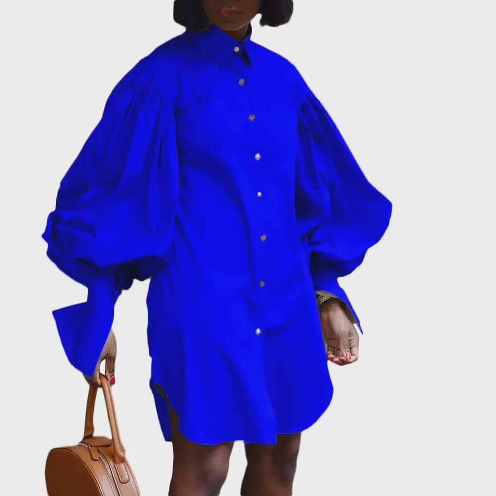 2021 Women's Solid Color Shirt Dress - European and American Fashion