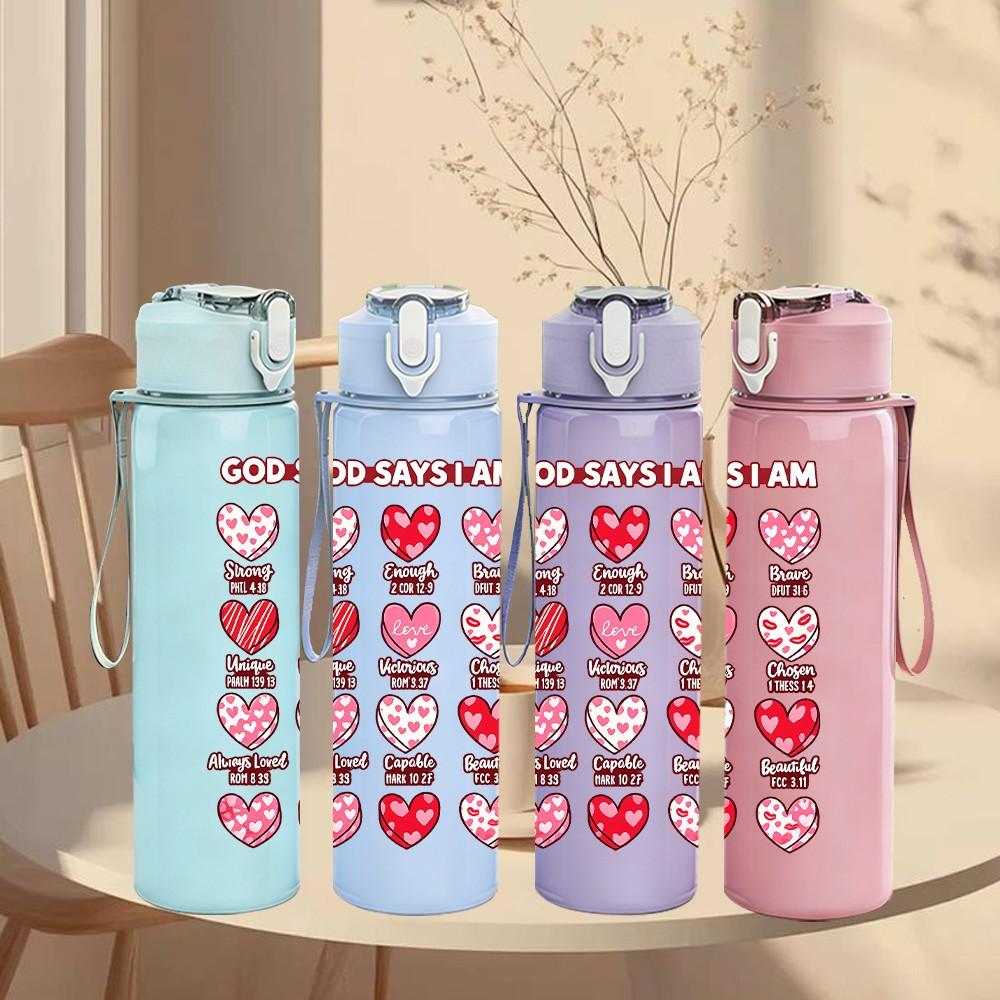 1PC Heart Stack Love Letter Art Print 750ml Color Plastic Sports Water Bottle Leakproof Flip Straw Lid Suitable for Sports Office Home Use