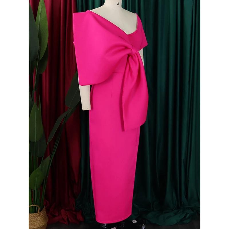 FairyShely Summer Bow Short Sleeve Plus Size Club Dress Women Solid Large Big Dresses Lady Slim Party Tight Curvy Dress