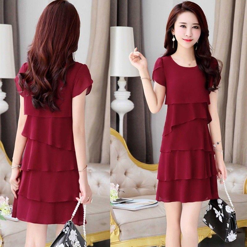 Rochie midi din șifon de damă, culoare uni, cu gât rotund, cu mâneci scurte, cu mai multe camere, rochii pentru tort