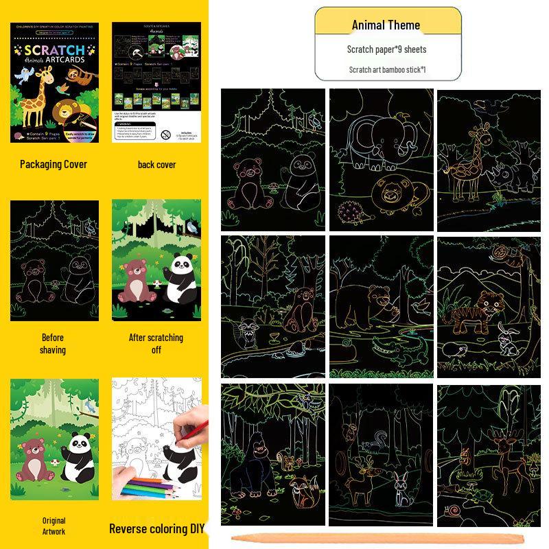 Conjunto Colorido de Arte Scratch: Livro de Rabiscos e Desenhos DIY de Desenho Animado para Crianças
