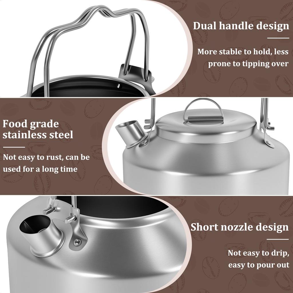 Camping Kettle with Double Handle Stainless Steel Short Nozzle Design Portable Camp Tea Coffee Pot for Travel Outdoor Activity
