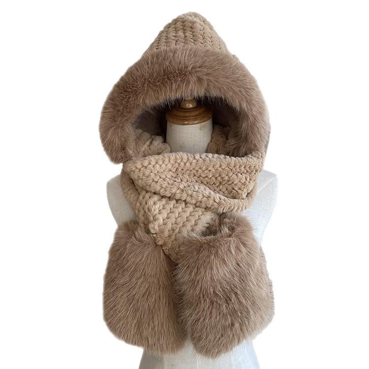New solid color women's scarf, hat and gloves integrated three-piece set, warm and thickened, cute ears, plush and cold-proof.