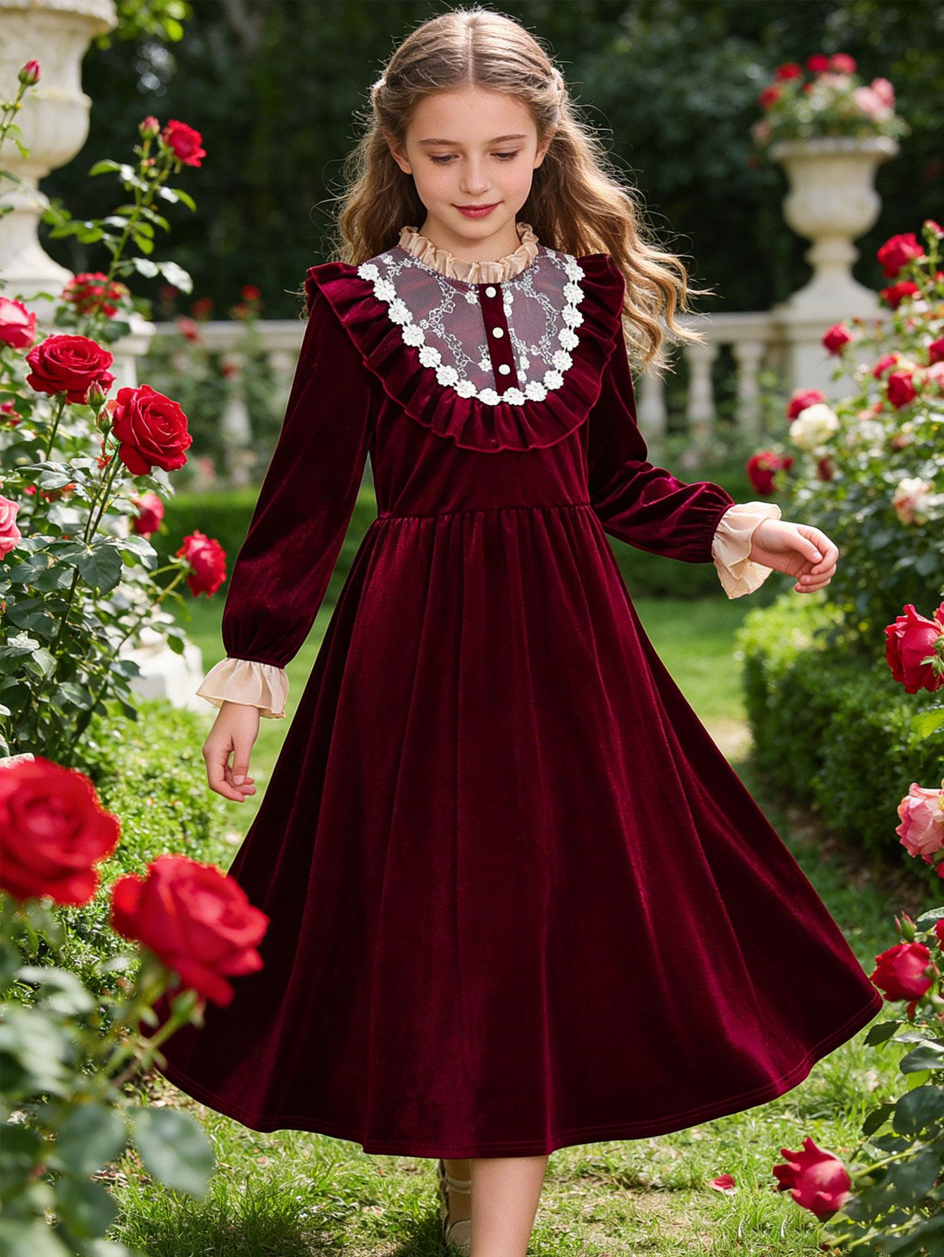 

Burgundy Red Long Sleeve Princess Dress for Girl, Lace Tulle Collar Party Party Prom 12Y червоний