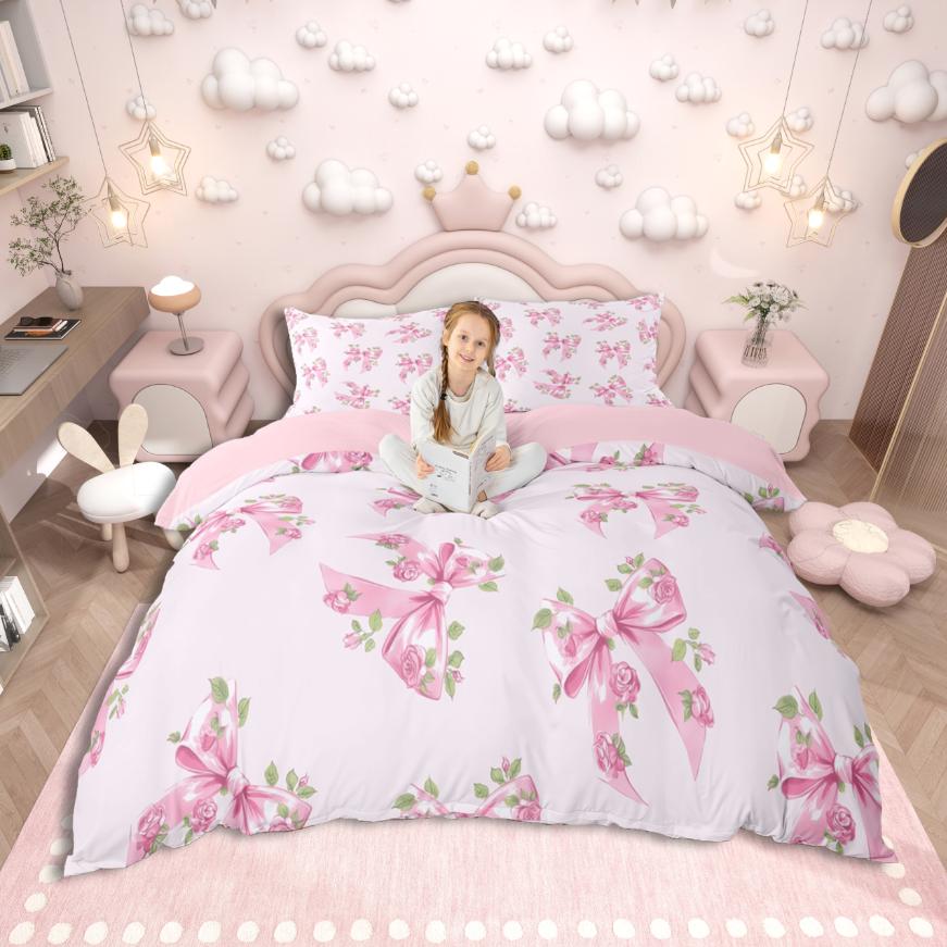 Homewish Ribbon Bow Knot Duvet Cover Set,Princess Bowtie Bedding Set,Rainbow Cartoon Bow Bed Set For Girl