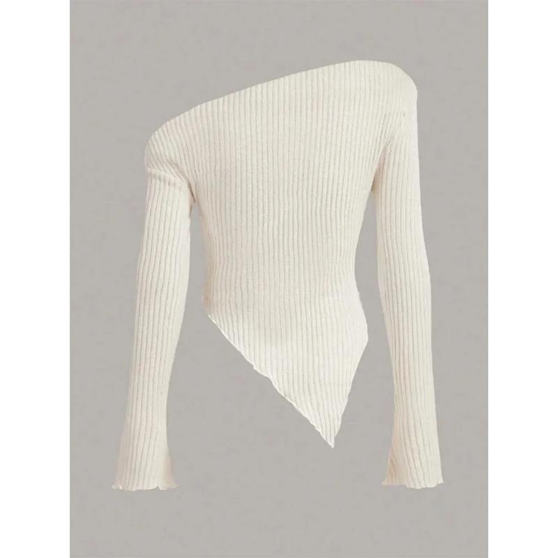 Damen Einfarbig Herbst Winter Grunge Asymmetrischer Hals Rippenstrick T-Shirt Trägerlose Bluse Langarm Casual Pullover Taschentuch Saum