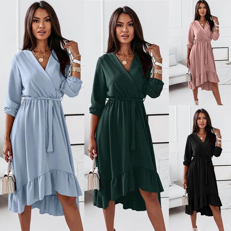 

Women s Fashion Casual V-neck 3/4 Sleeve Dresses Solid Ruffled Dresses Slim Fit Dress for Ladies S розовый