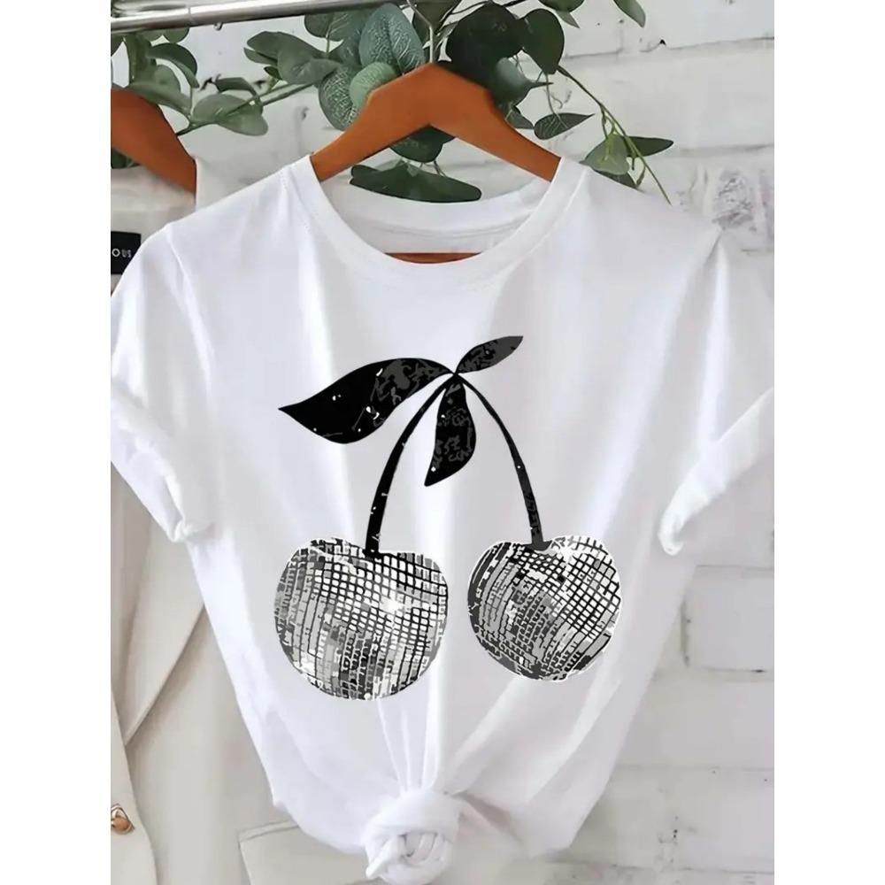 Women's Casual Short Sleeve T-Shirt Black Fit Round Neck with Bright Geometric Cherry Print Harajuku Short Sleeve