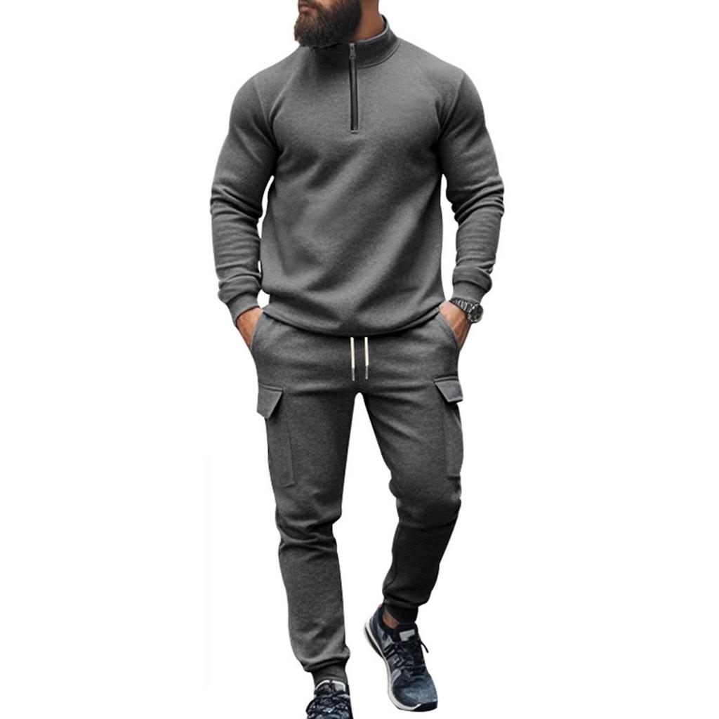 Men's Winter Casual Plus Velvet Warm Zipper Stand Collar Sweatshirt Men's Sports Pants Sweatshirt Set