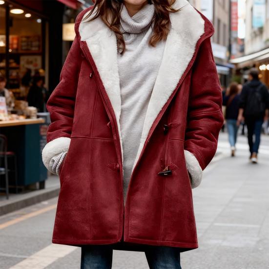 Women's Sherpa Lined Hooded Coat Casual Long Sleeve Horn Button Fleece Jacket with Hood Thicken Winter Warm Outerwear with Pockets
