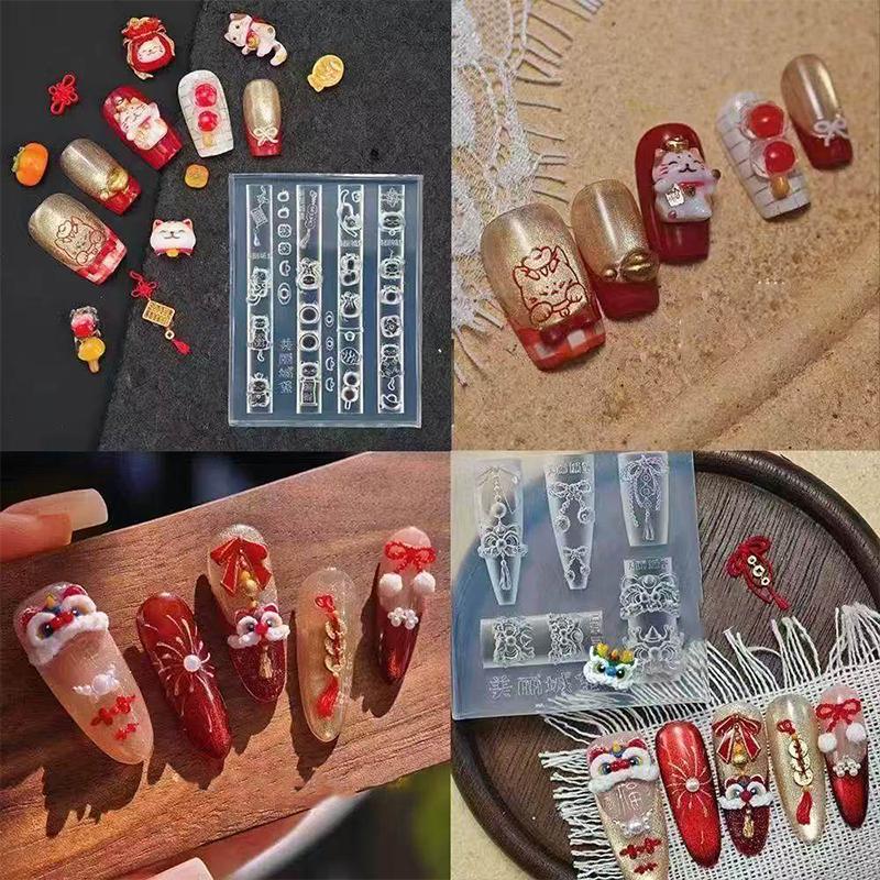 Candy Bean Lion Dance Lucky Cat Nail Art Mold Carved Silicone Mold Diy Template Stencils Reusable Tools Diy Handmade Art Tool