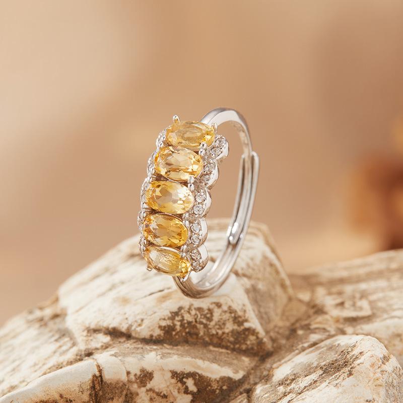 S925 Sterling Silver Natural Citrine Ring Women'S Premium Sense Row Diamond Treasure Jewelry Index Finger Ring