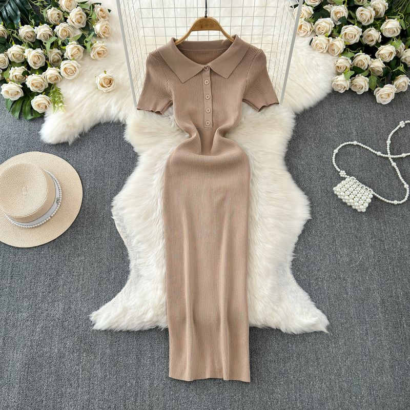 

2024 Summer Korean New Elegance Retro Elegant Short Sleeve Polo Collar Waist-Tight Slimming Knitted Hip-Wrapped Dress Khaki One size