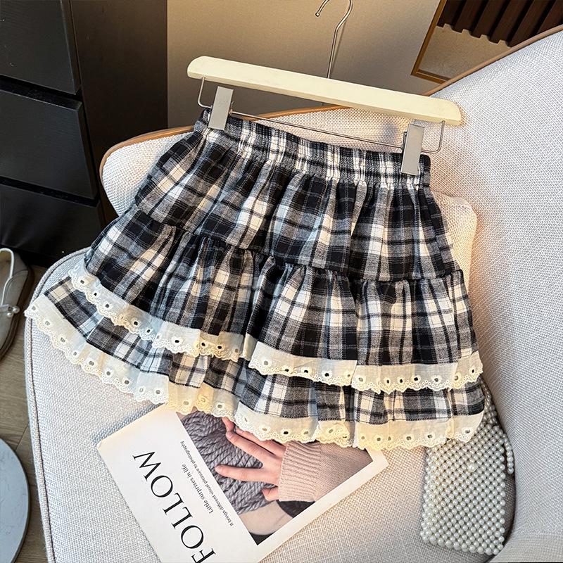 Elastic Plaid Lace Patchwork A-Line Puffy Skirt with Bow