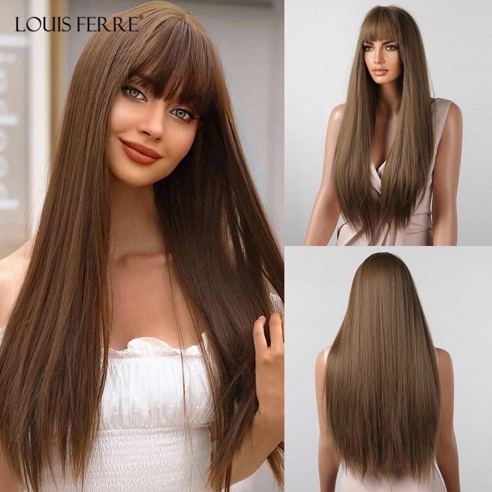LOUIS FERRE Blonde Golden Synthetic Wigs for White Women Long Straight Wig With Bangs Heat Resistant Daiy Cosplay Natural Hair