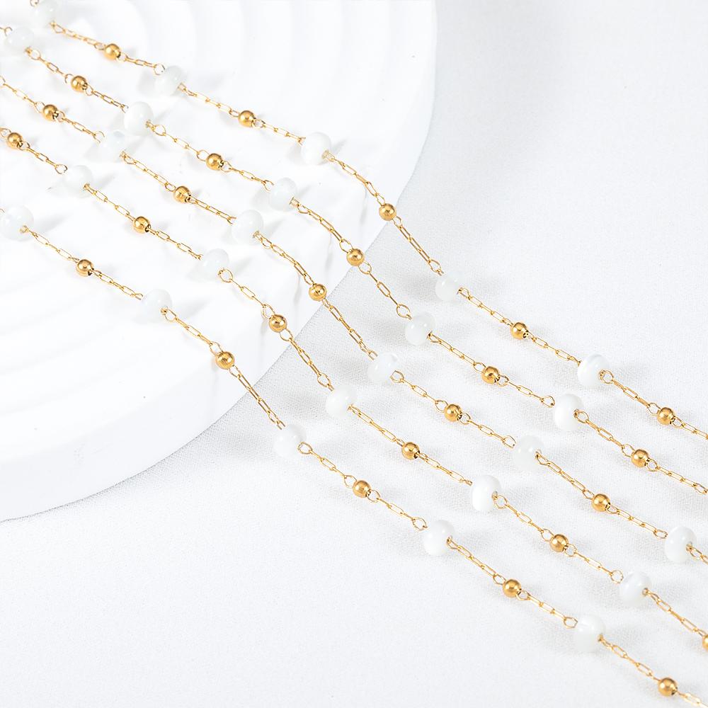 1M Stainless Steel Beaded Chain Elegant White Glass Flat Beads Gold Color Chains for DIY Women Necklace Bracelets Jewelry Making