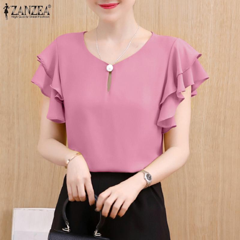 

ZANZEA Женская повседневная летняя блузка с круглым вырезом и оборками на рукавах
