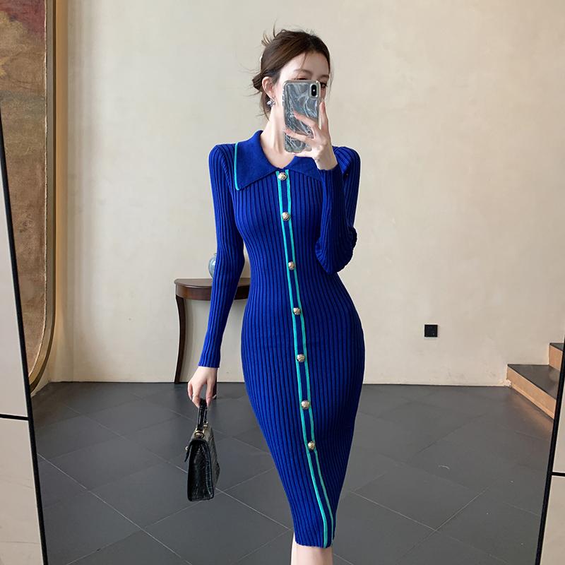 Fashion New Elegant Slim Fit Knitted Dress for Women Autumn and Winter Base Temperament Casual Dresses Women Polo Collar Sexy Lady Long Dress 25950