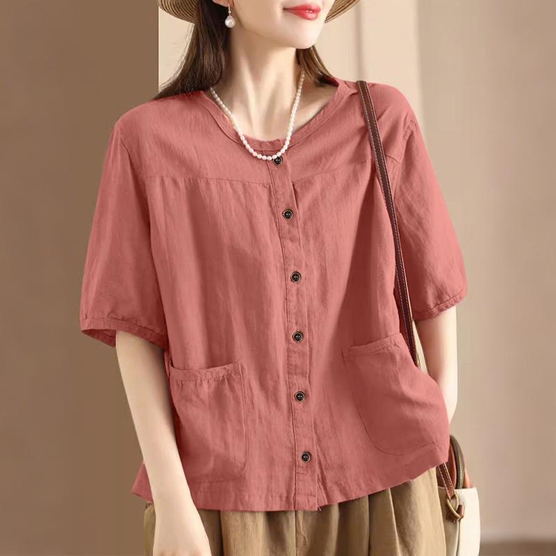 ZANZEA Women Casual Round Neck Short Sleeve Patchwork Pockets Blouse
