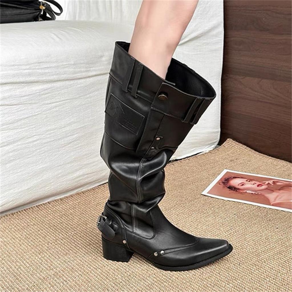 Spice girls big tube circumference boots women's new French high-end pointed thick heel knight stack boots