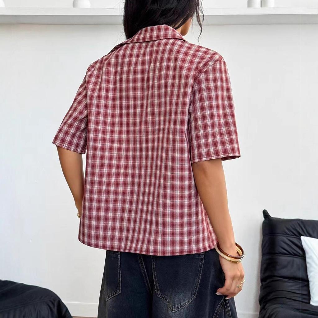 New Summer Checkered Five-sleeved Top Shirt for Women