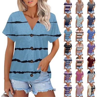 Women's Fashion Short-sleeved V-neck Striped Printed Top Casual Button Up T-shirt
