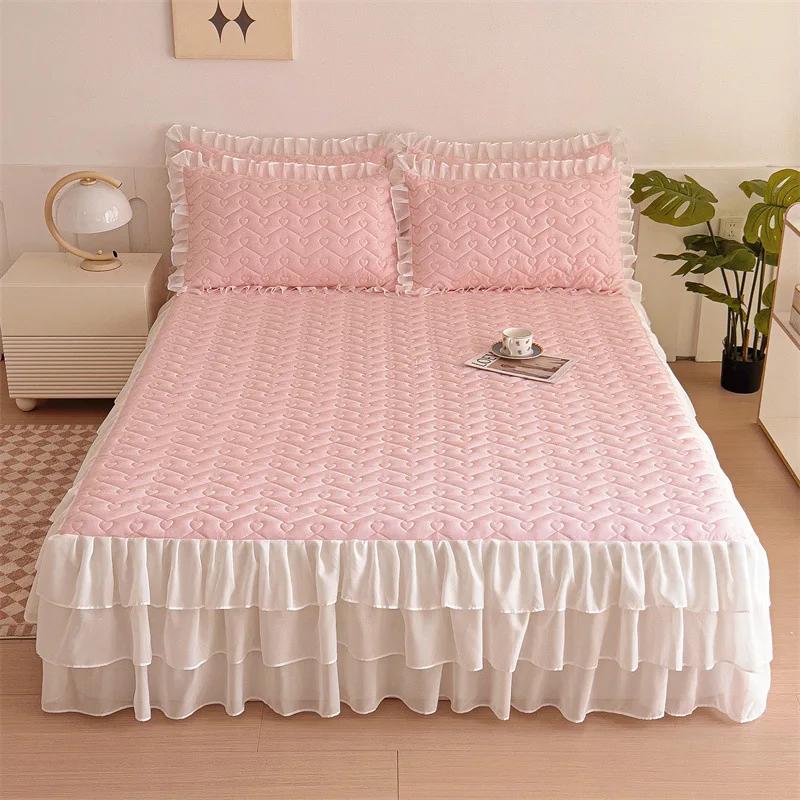 Volan de pat din dantelă cu model în formă de inimă, de înaltă calitate, matlasat, cu tiv inferior din șifon, cuvertură de pat, moale, confortabil, cearșafuri de pat antiderapante, lenjerie de pat