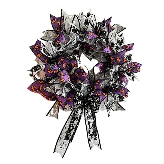 Theme Halloween Decor Mesh Ribbon Wreath for Front Door, Spooky Skull Pumpkin with Bow, Purple Black Stripe Decorative Garland Doors Walls Windows