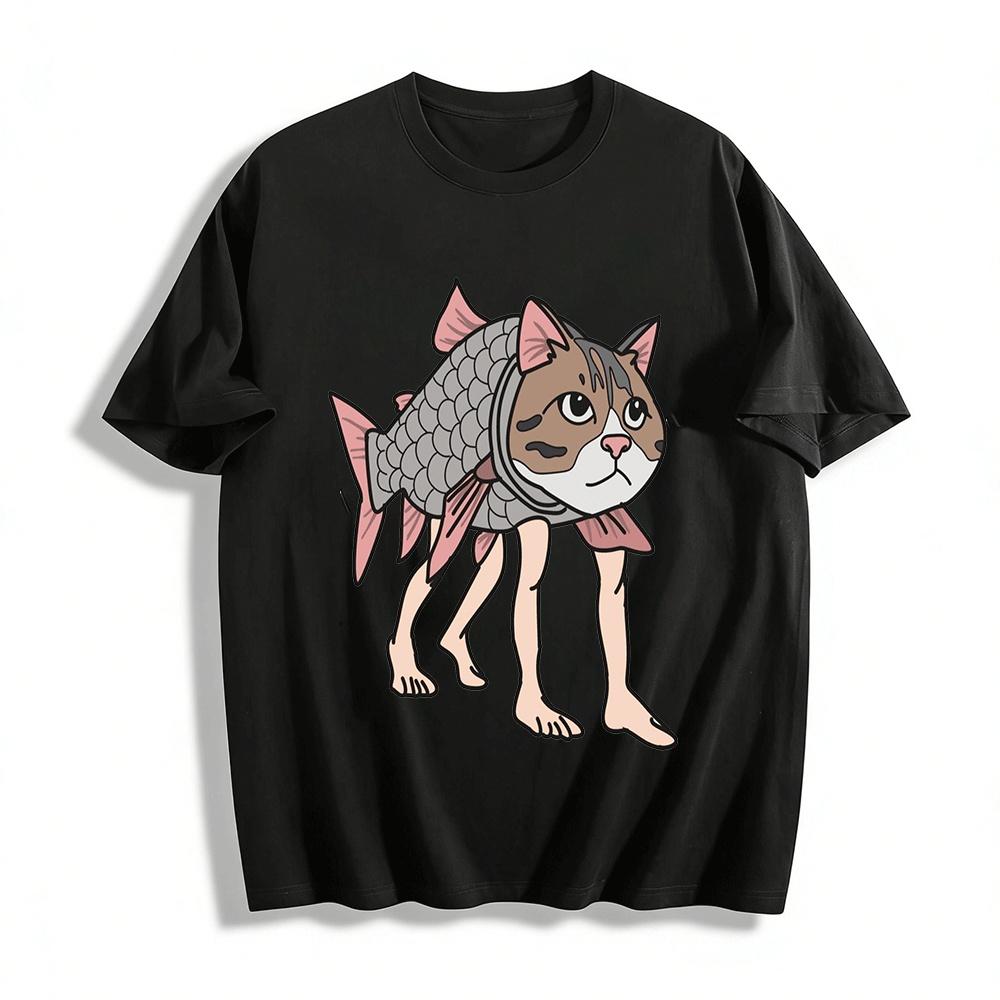 Funny Fish Body Cat Head Print Casual Top Pure cotton T-shirt XXS