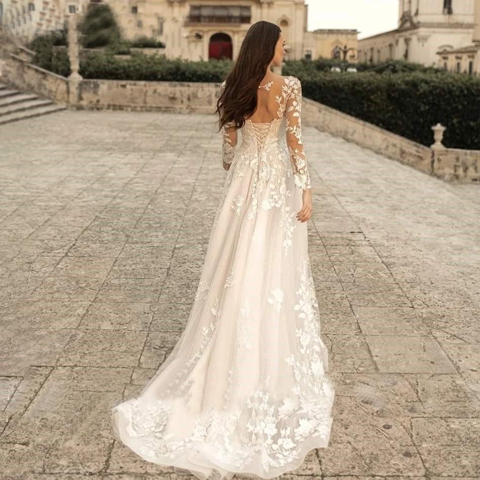 Long-sleeved Wedding Dress Mori Spring and Autumn New Bride Simple Round Neck Slim Perspective Travel Photo Trailing Soft Yarn Thin