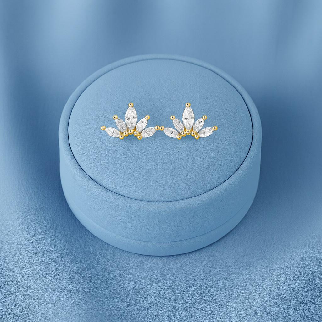 Marquise Fan Cluster Stud Earrings - 925 Sterling Silver Yellow Plated