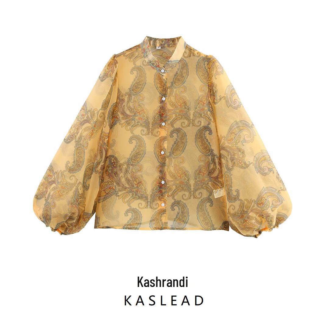 

Spring 2025 Women s European & American Print Organza Puff Sleeve Shirt Medium цветочный