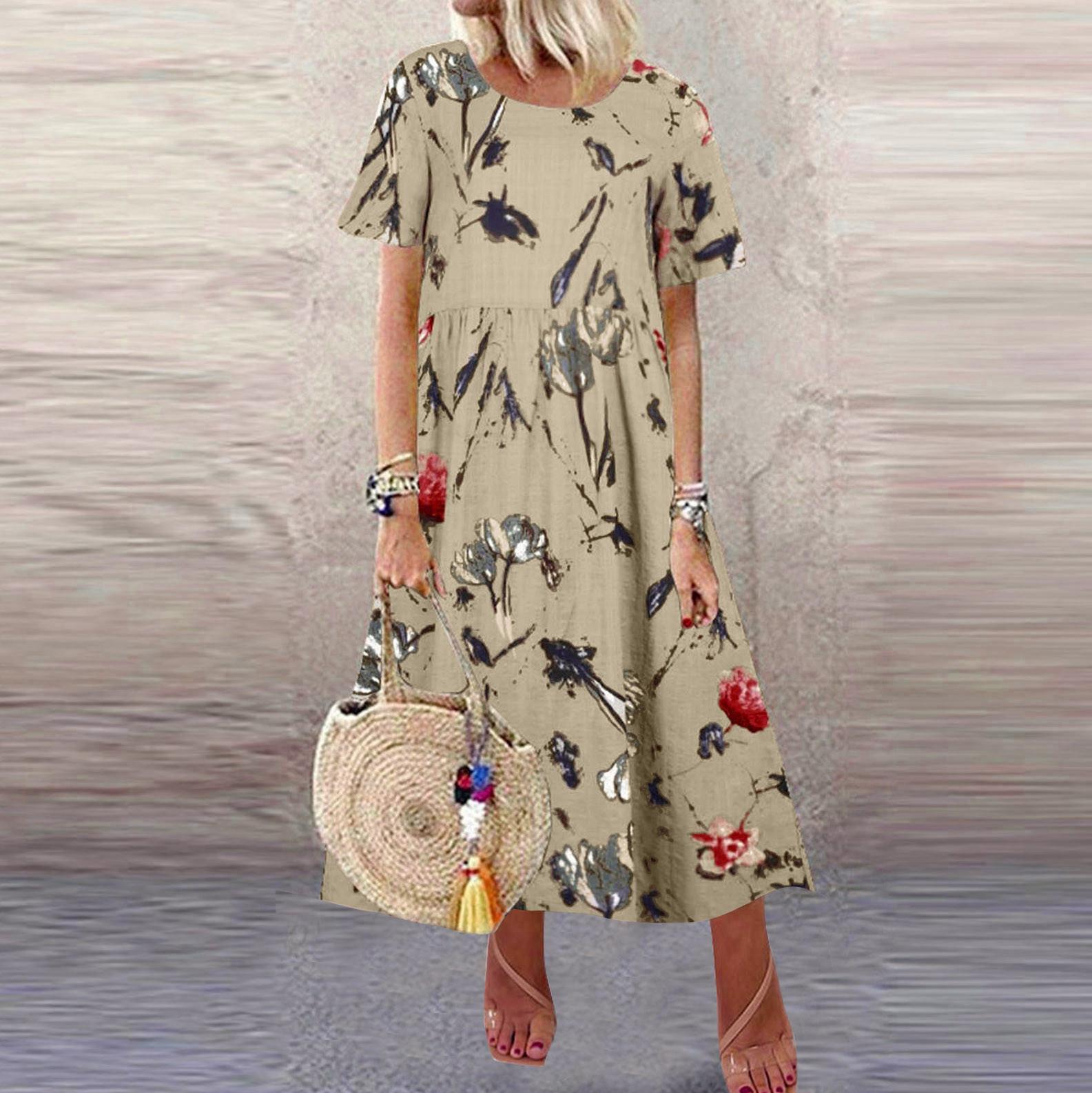 

Модное женское повседневное винтажное свободное платье с круглым вырезом и коротким рукавом XL хаки