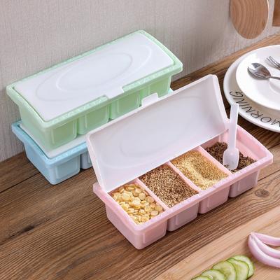Caja de condimentos multifuncional de plástico con 4 estilos, sal y glutamato monosódico, divisor de cocina con cuchara y tapa, recipiente para condimentos