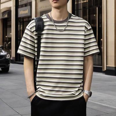 Męska koszulka z krótkim rękawem w paski Oversize Casual Luźny krój Codzienna odzież uliczna Wygodny top z mieszanki bawełny