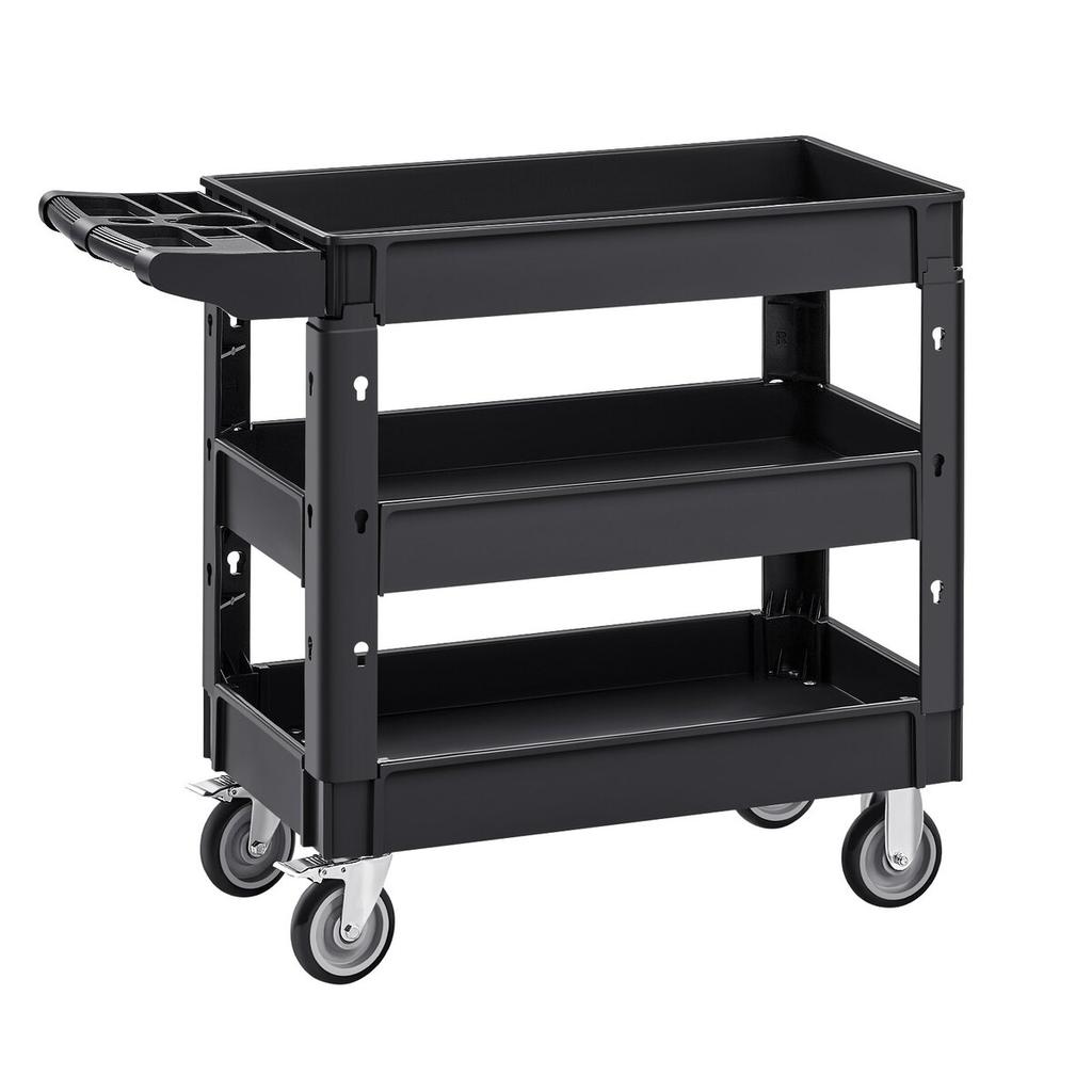 Utility Service Cart, 3 Shelf 550LBS Heavy Duty Plastic Rolling Utility Cart with 360° Swivel Wheels (2 with Brakes), Medium Lipped Shelf, Ergonomic