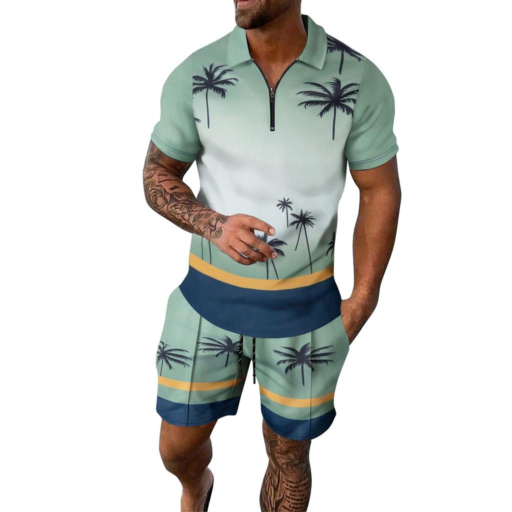 Men's Summer Printed Zipper Lapel Short Sleeve Top Shorts Suit Men's Casual Sports Suit