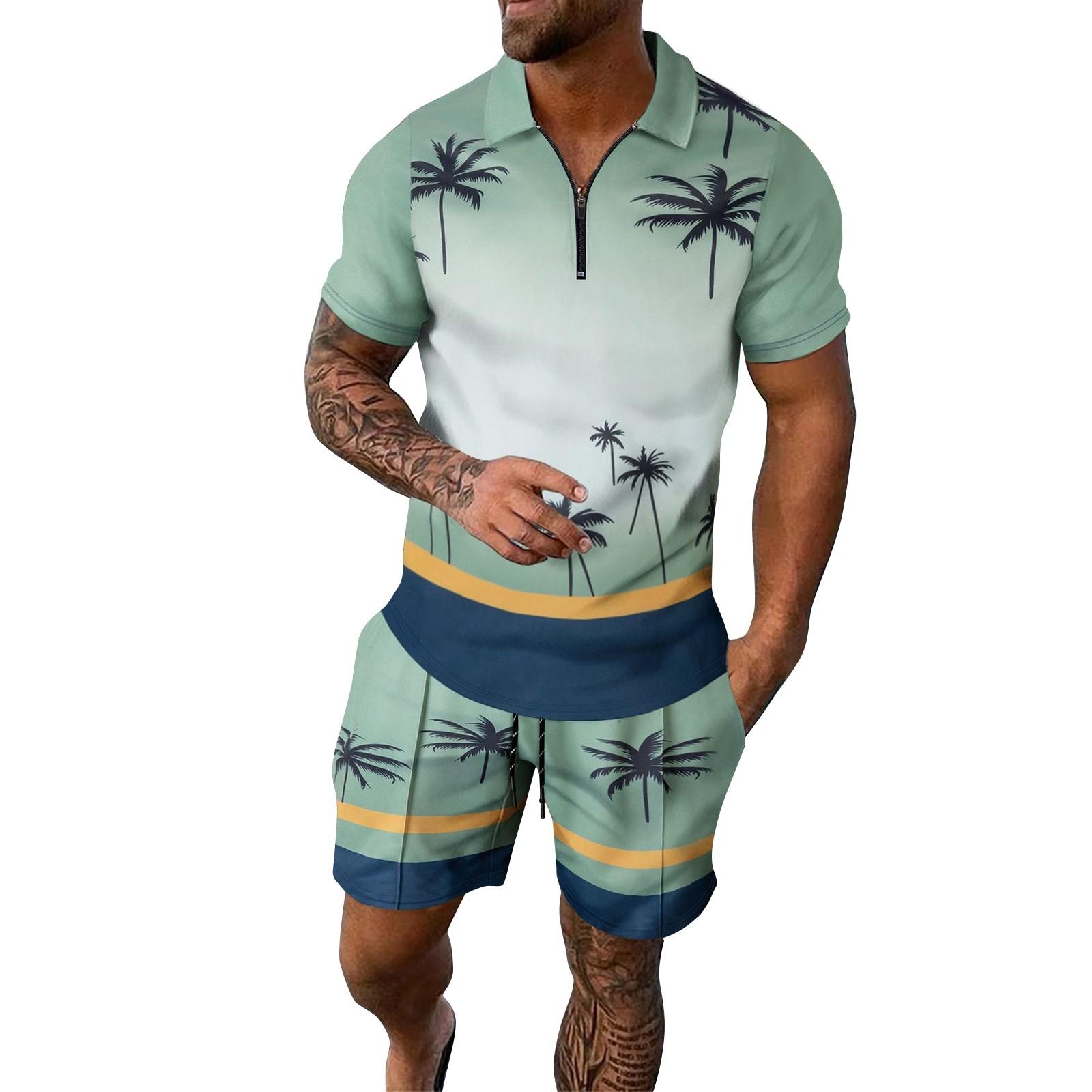 

Мужской летний костюм с короткими рукавами и короткими шортами на молнии с принтом, мужской повседневный спортивный костюм XXL зелёный