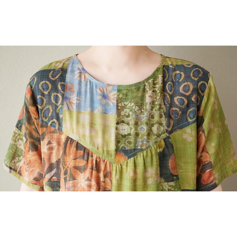 DIMANAF 2025 Summer Women Vintage Plus Size Long Printing Dress Short Sleeve Casual O-Neck Basic Fashion Loose Dress