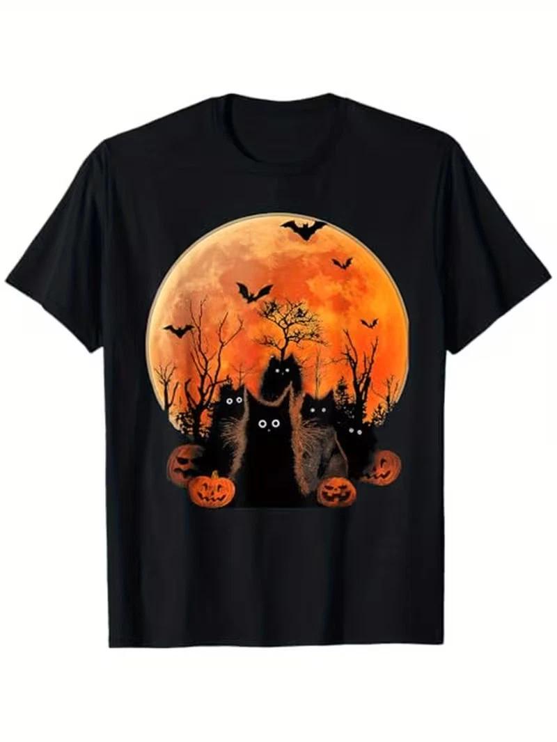 Black Cats Full Moon Halloween T-Shirt - 100% Cotton Funny Pet Lover Graphic Tee XS