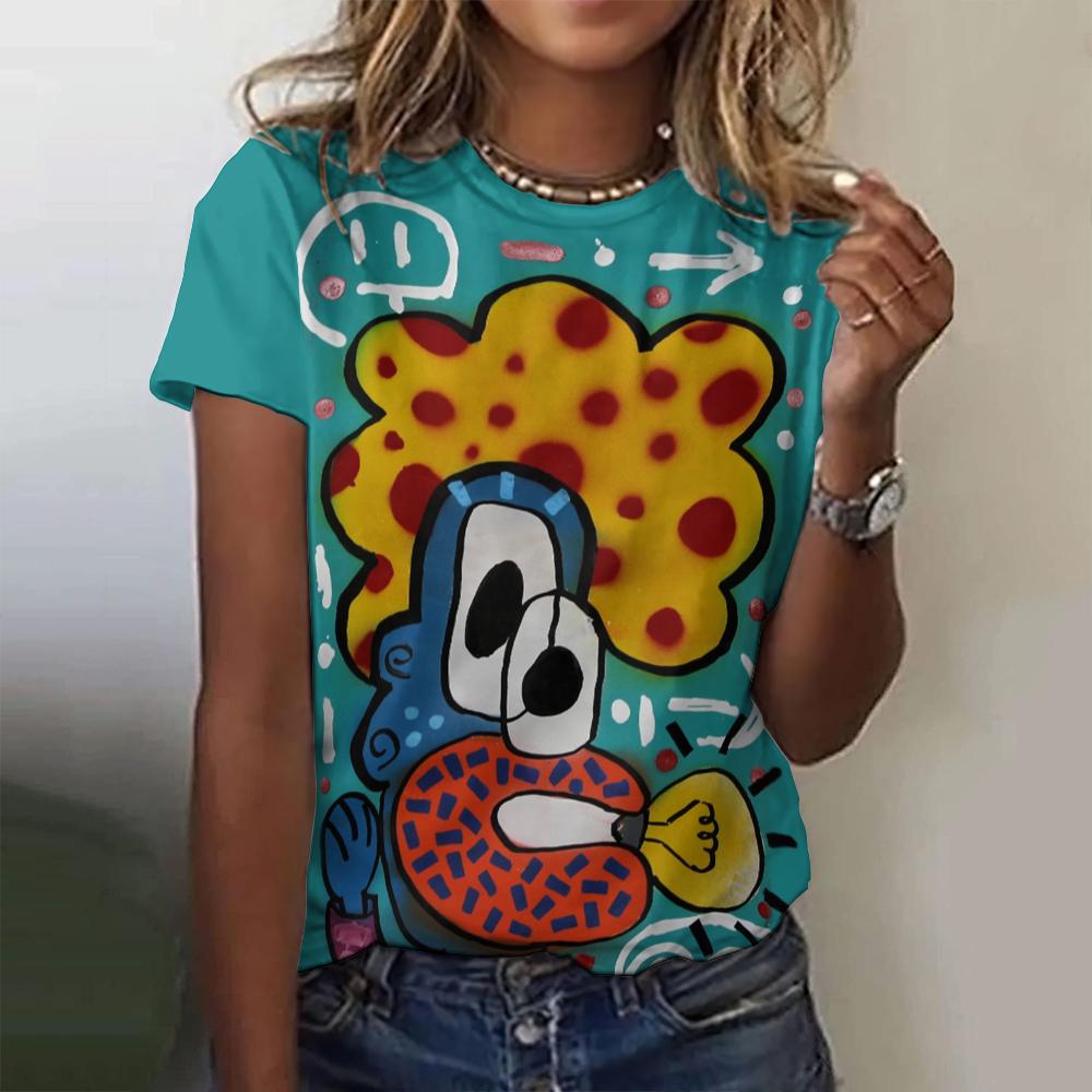 Letní dámské tričko Abstraktní kreslený potisk Tričko Harajuku Vintage Krátký rukáv Kulatý výstřih Top Nadměrné Dámský design Oblečení