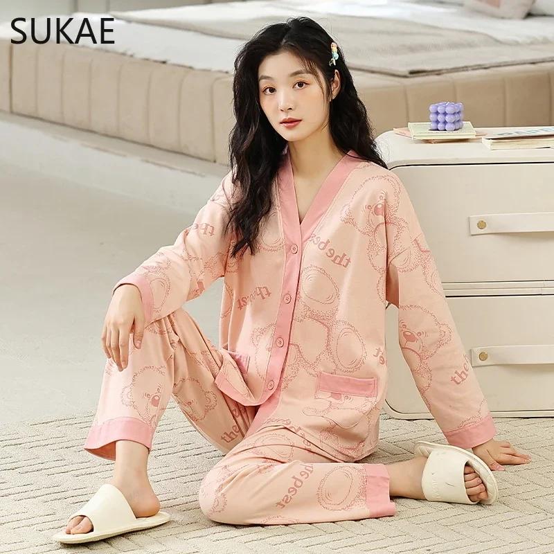 SUKAE New M-5XL Autumn Winter New Cotton Women Pajamas Lady Pijamas Set Loungewear Kimono Cardigan Long Sleeves V-neck Homesuit