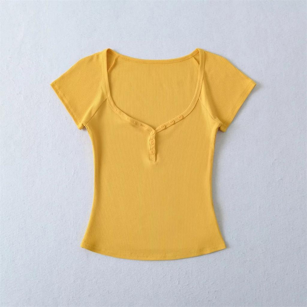 Women's Sweetheart Neck Short Sleeve T Shirt Slim Fit Basic Solid Color Tee