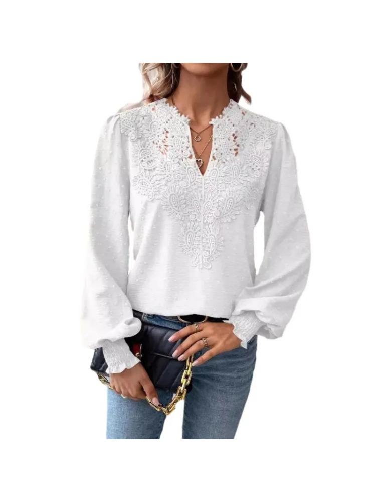 2025 Herbst Damenbekleidung Neues Sexy V-Ausschnitt Modisches Spitzen-Patchwork Einfarbiges Hemd Langarmhemd Damenbekleidung