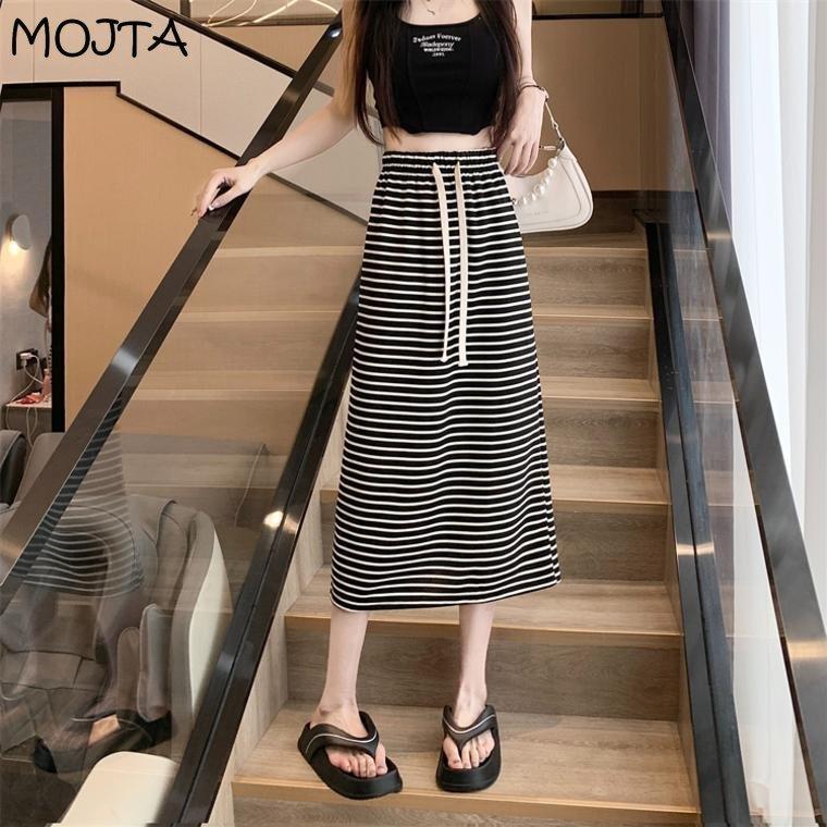 MOJTA Gonna Estiva da Donna a Vita Alta Media Lunghezza A-line Elastica a Righe Coulisse Casual con Spacco