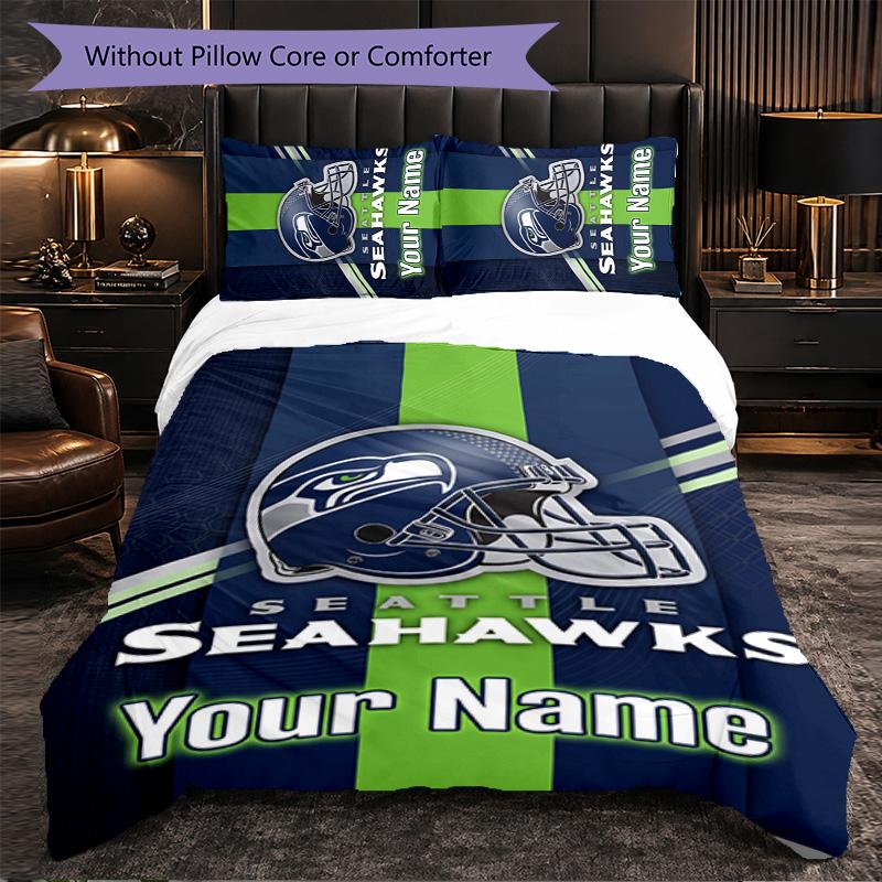 Seattle Seahawks Customized Name Text Bedding Set, 1 Duvet Cover & 2 Pillowcases Personalized Bedroom Gift