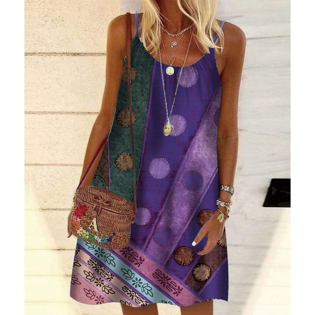 Women's Fashion Retro Multicolor Printed Loose Pullover Suspender Dress